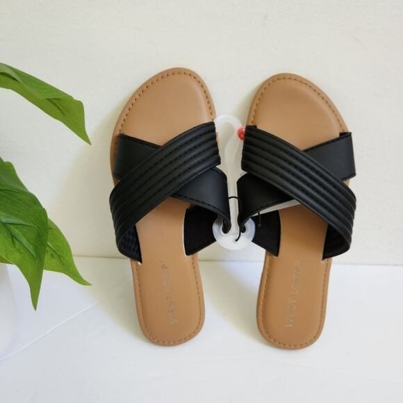 West Loop Cross Strap Black Sandals Size S 5/6 - Picture 3 of 8